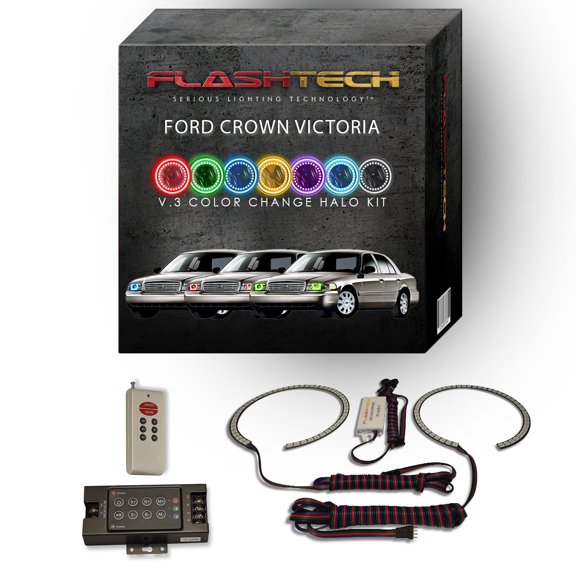 Flashtech RGB MultiColor LED Halo kit & RF Remote for 98-11 Ford Crown Victoria Headlights