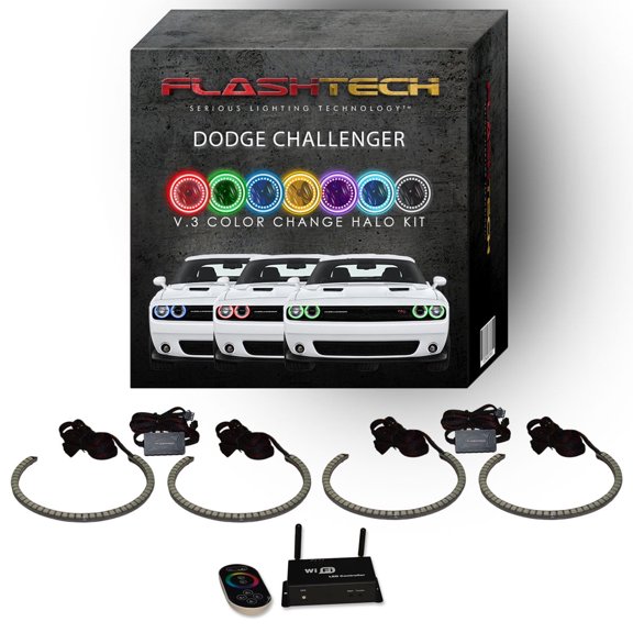 Flashtech RGB Surface Mount LED Halo kit & Wifi App for 15-23 Dodge Challenger Headlights