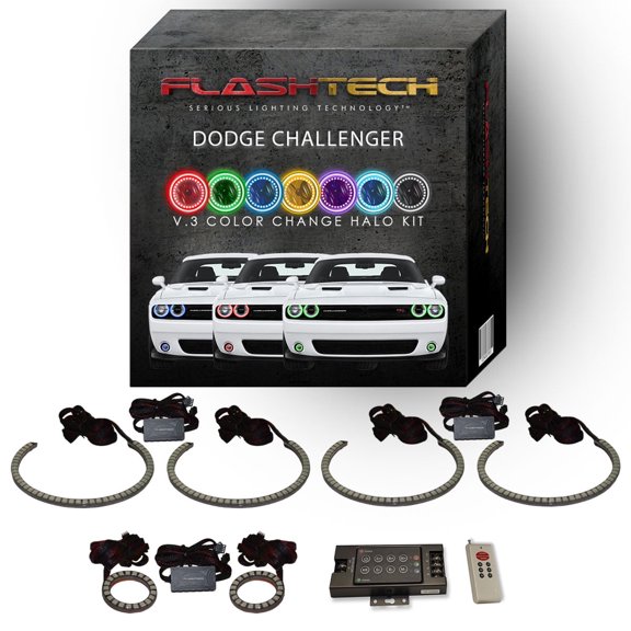 Flashtech RGB Waterproof Halo kit w/ RF for 15-23 Dodge Challenger Headlight & Fog Lights