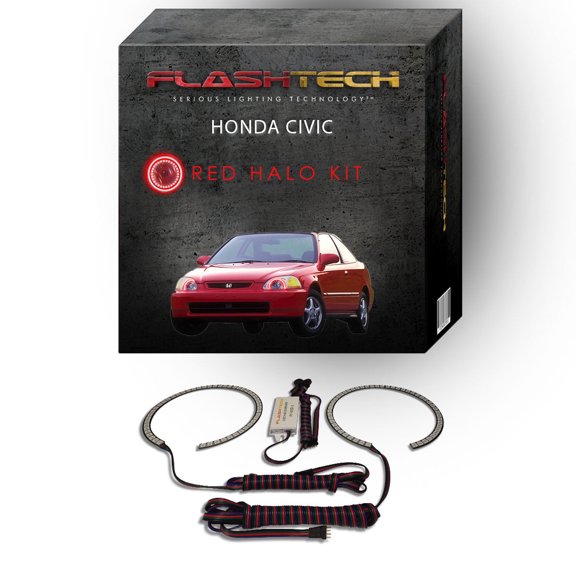Flashtech Red Angel Eye LED Headlight Halo Ring kit for 1992-1995 Honda Civic Headlights