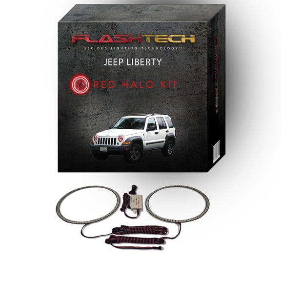 Flashtech Red Angel Eye LED Headlight Halo Ring kit for 2002-2007 Jeep Liberty Headlights