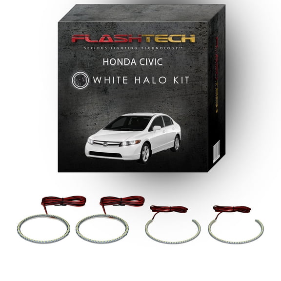 Flashtech White Angel Eye LED Headlight Halo Ring kit for 2006-2008 Honda Civic Headlights