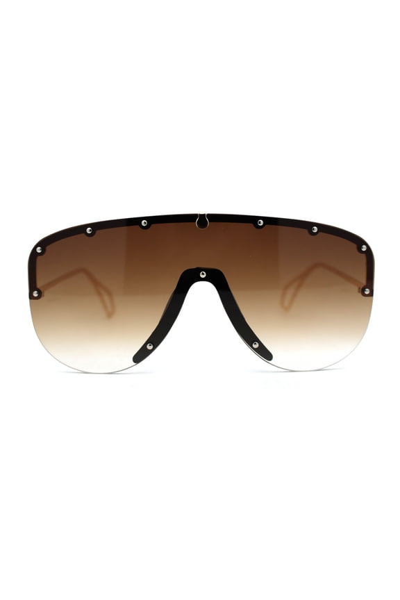 Flashy Metal Stud Brow Line Rimless Shield Racer Sunglasses Gold Brown