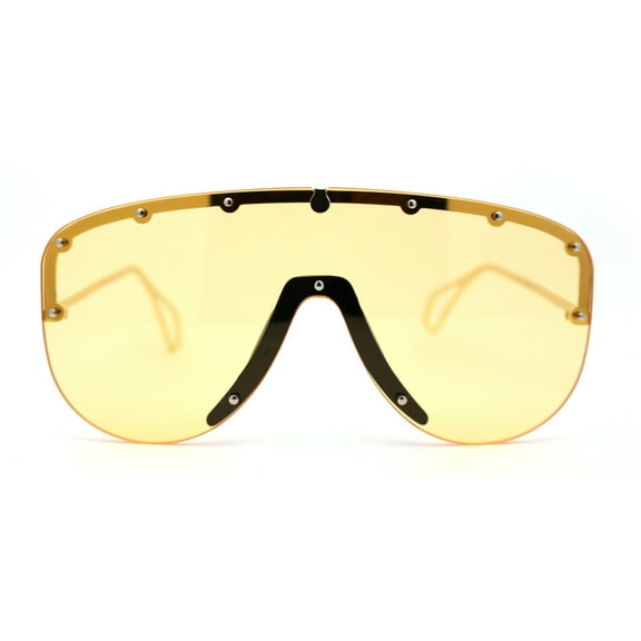 Flashy Metal Stud Brow Line Rimless Shield Racer Sunglasses Gold Yellow