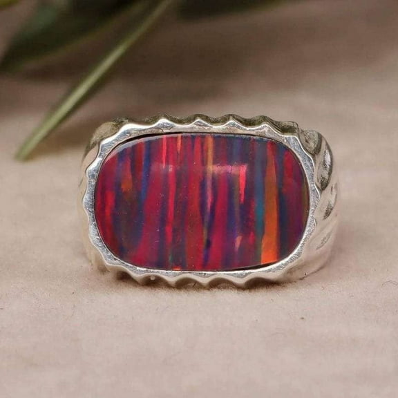 Flashy Opal 925 Sterling Silver Men's October Birhstone Signet Ring Gift For Him