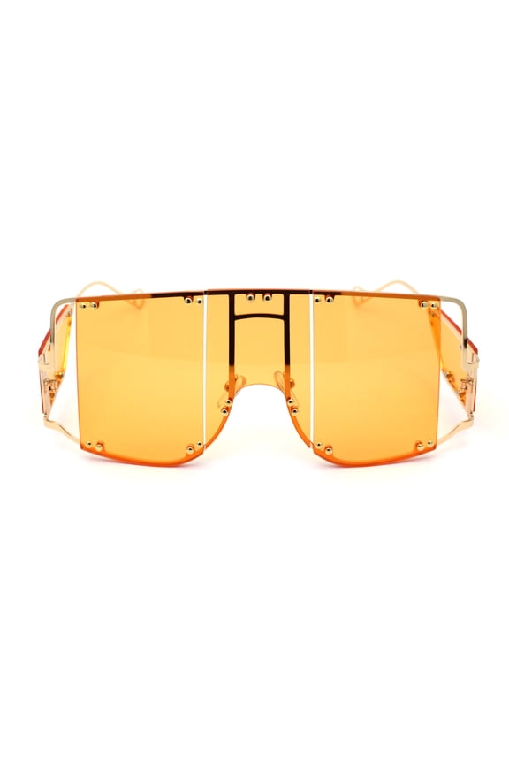 Flashy Oversize Metal Stud Mob Luxury Panel Lens Sunglasses Gold Orange