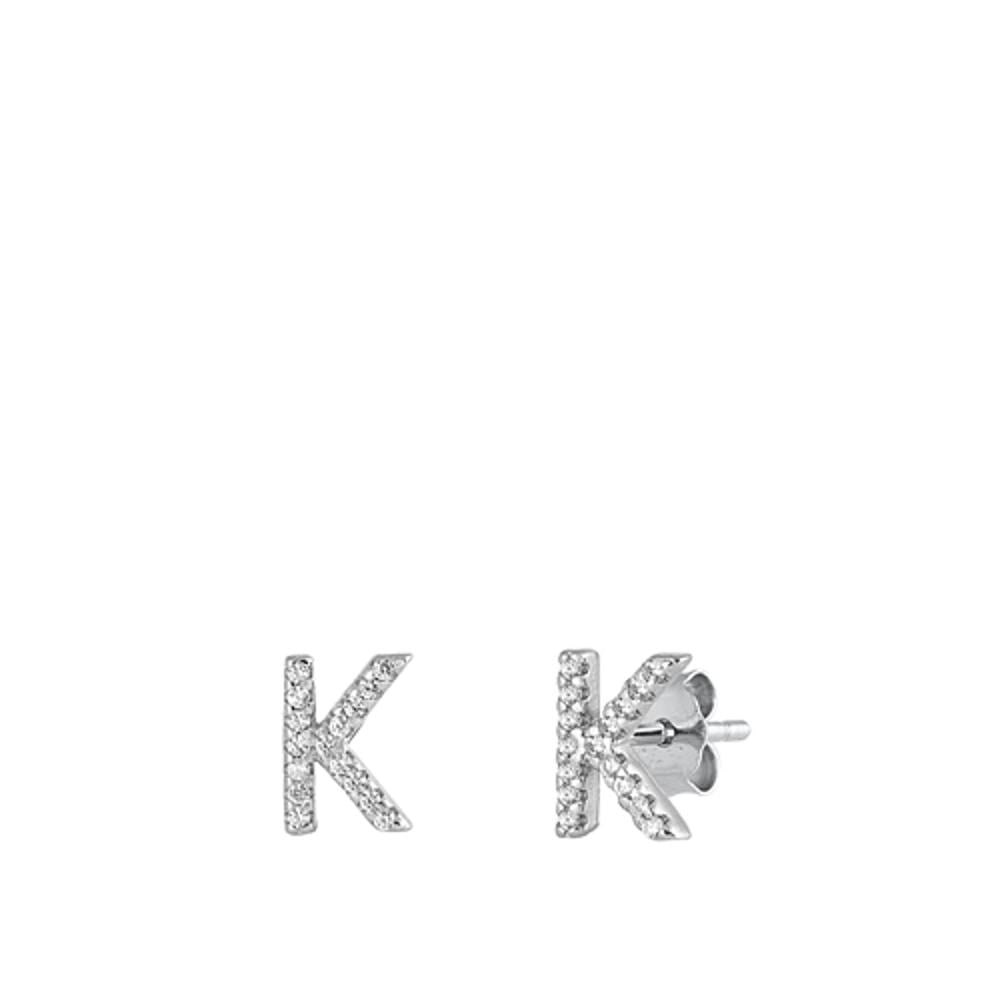 Flashy Sterling Silver Block Letter K Initial Clear Cubic Zirconia Earrings 925 New Jewelry Female