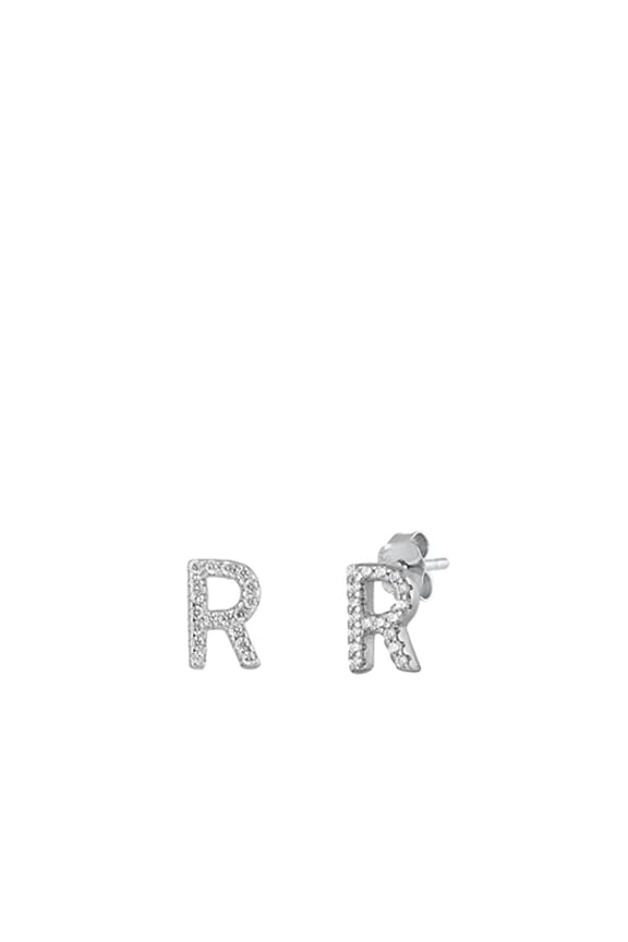 Flashy Sterling Silver Block Letter R Initial Clear Cubic Zirconia Earrings 925 New Jewelry Female