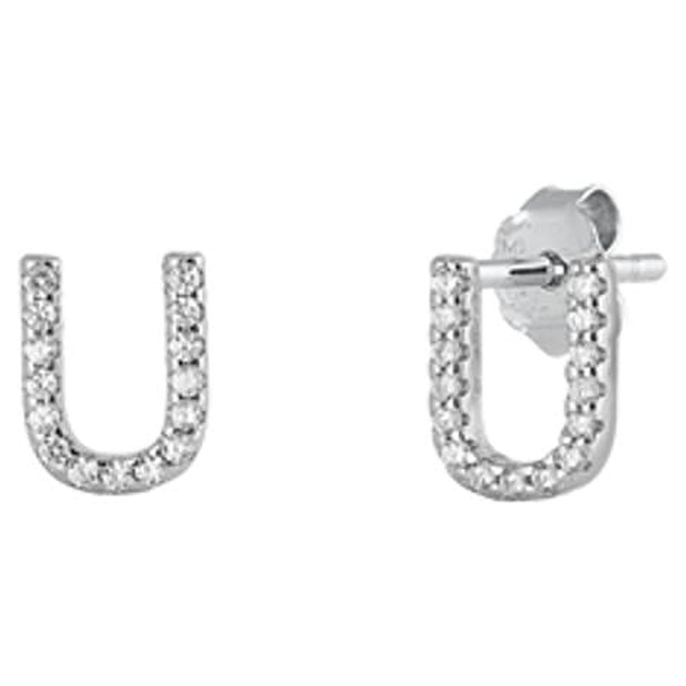 Flashy Sterling Silver Block Letter U Initial Clear Cubic Zirconia Earrings 925 New Jewelry Female
