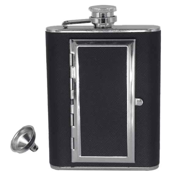 Flask - Cool Stainless Steel and Leather Alcohol Flask with Compartment/Cigarette Case - For Men and Women - Drinking Flask for Liquor and Smokes