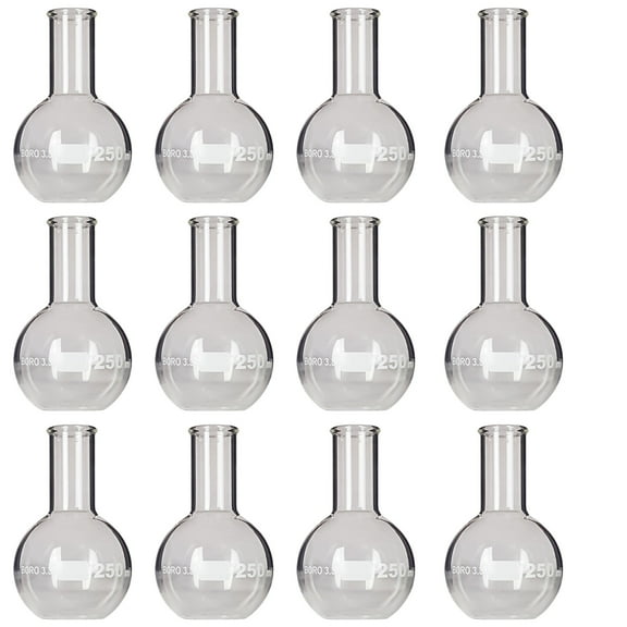 Flask Flat-Bottom Florence Boiling Flask, Standard Neck, 250ml capacity. Made from Borosilicate Glass. A good fit for any laboratory, science classroom, or homeschool. Pack of 12.