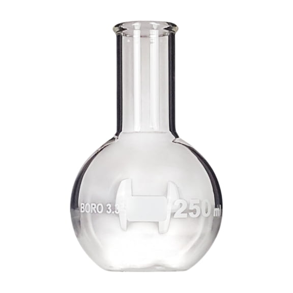 Flask Flat-Bottom Florence Boiling Flask, Standard Neck, 250ml capacity. Made from Borosilicate Glass. A good fit for any laboratory, science classroom, or homeschool.