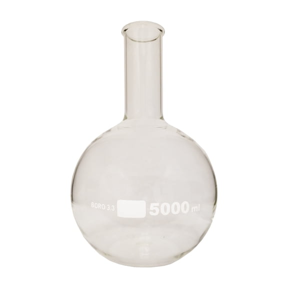 Flask Flat-Bottom Florence Boiling Flask, Standard Neck, 5000ml capacity. Made from Borosilicate Glass. A good fit for any laboratory, science classroom, or homeschool.