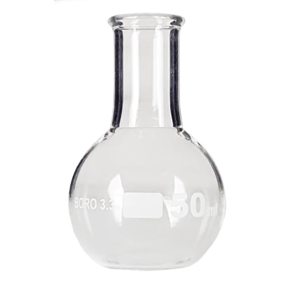 Flask Flat-Bottom Florence Boiling Flask, Standard Neck, 50ml capacity. Made from Borosilicate Glass. A good fit for any laboratory, science classroom, or homeschool.
