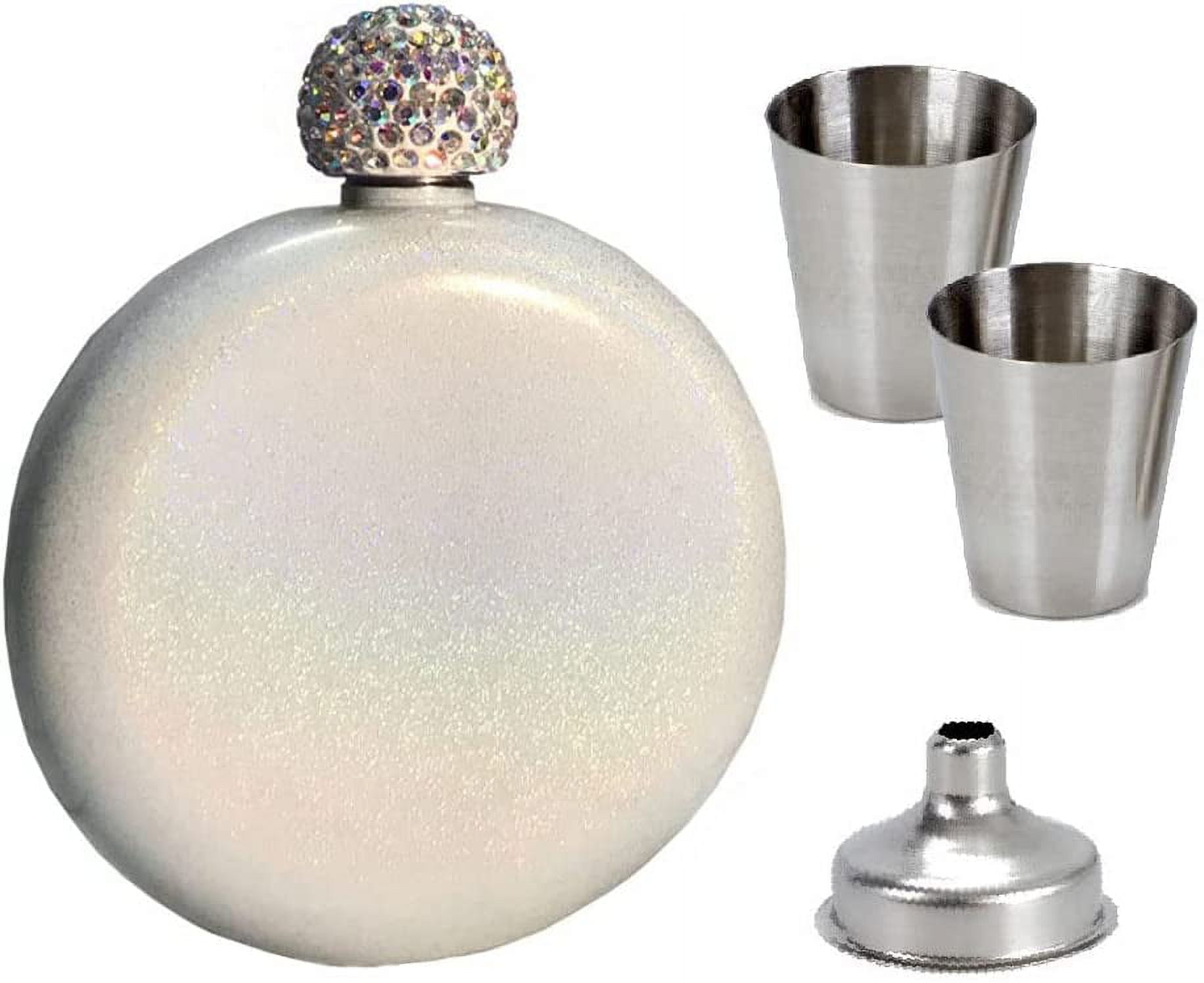 Flask for Liquor 5Oz 304 Stainless Steel Cute Liquor flask for women Pretty Glitter Coating Whiskey Flasks Portable Wine Flask Shining Rhinestone Cap (White)