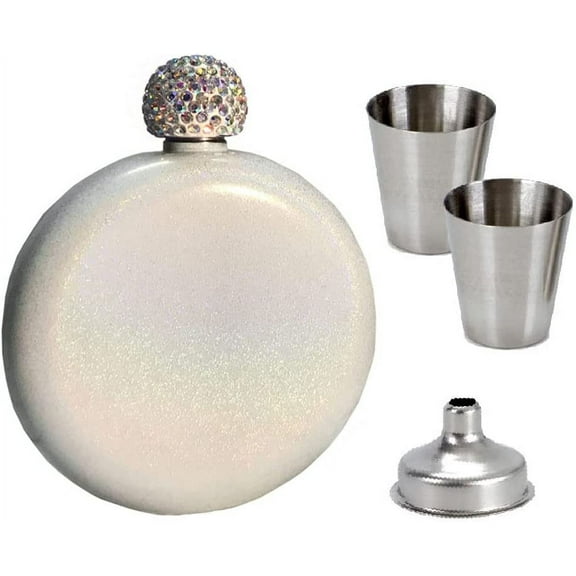 Flask for Liquor 5Oz 304 Stainless Steel Cute Liquor flask for women Pretty Glitter Coating Whiskey Flasks Portable Wine Flask Shining Rhinestone Cap (White)