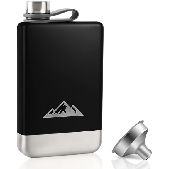 Flask for for Men, 8oz Stainless Steel Flask with Funnel, Flask with Integrated Steel Cap for Outdoor Camping Hiking Climbing, Father's Day for Men (Black)