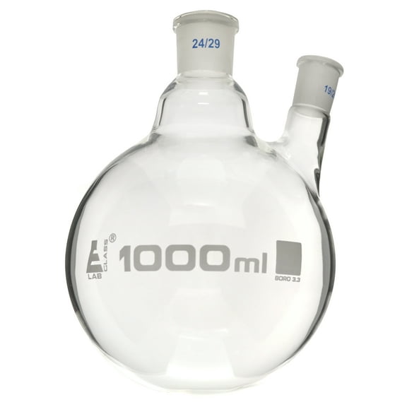 Flask Oblique Neck and Side Joint, 1000ml Capacity, 24/29 Center Socket, 19/26 Side Socket, Round Bottom, Borosilicate Glass - Eisco Labs