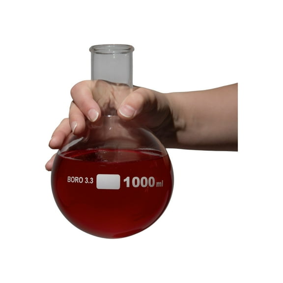 Flask, Round-Bottom Florence Boiling Flask, Standard Neck, 1000ml capacity. Made from Borosilicate Glass. A good fit for any laboratory, science classroom, or homeschool.