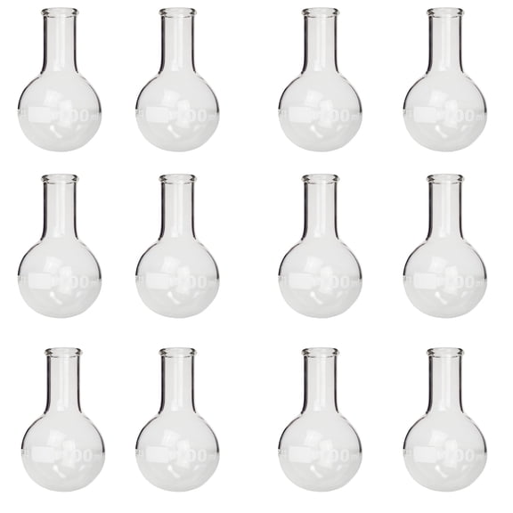 Flask Round-Bottom Florence Boiling Flask, Standard Neck, 100ml capacity. 12 Pack. Made from Borosilicate Glass. A good fit for any laboratory, science classroom, or homeschool.