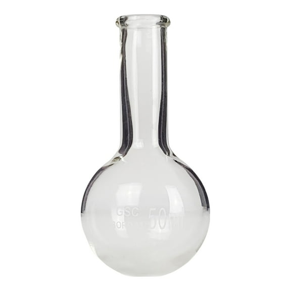Flask Round-Bottom Florence Boiling Flask, Standard Neck, 50ml capacity. Made from Borosilicate Glass. A good fit for any laboratory, science classroom, or homeschool.