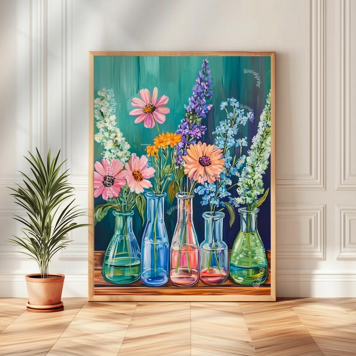 Flasks Wall Art Print, Test Tubes And Wildflowers, Blue Science ...