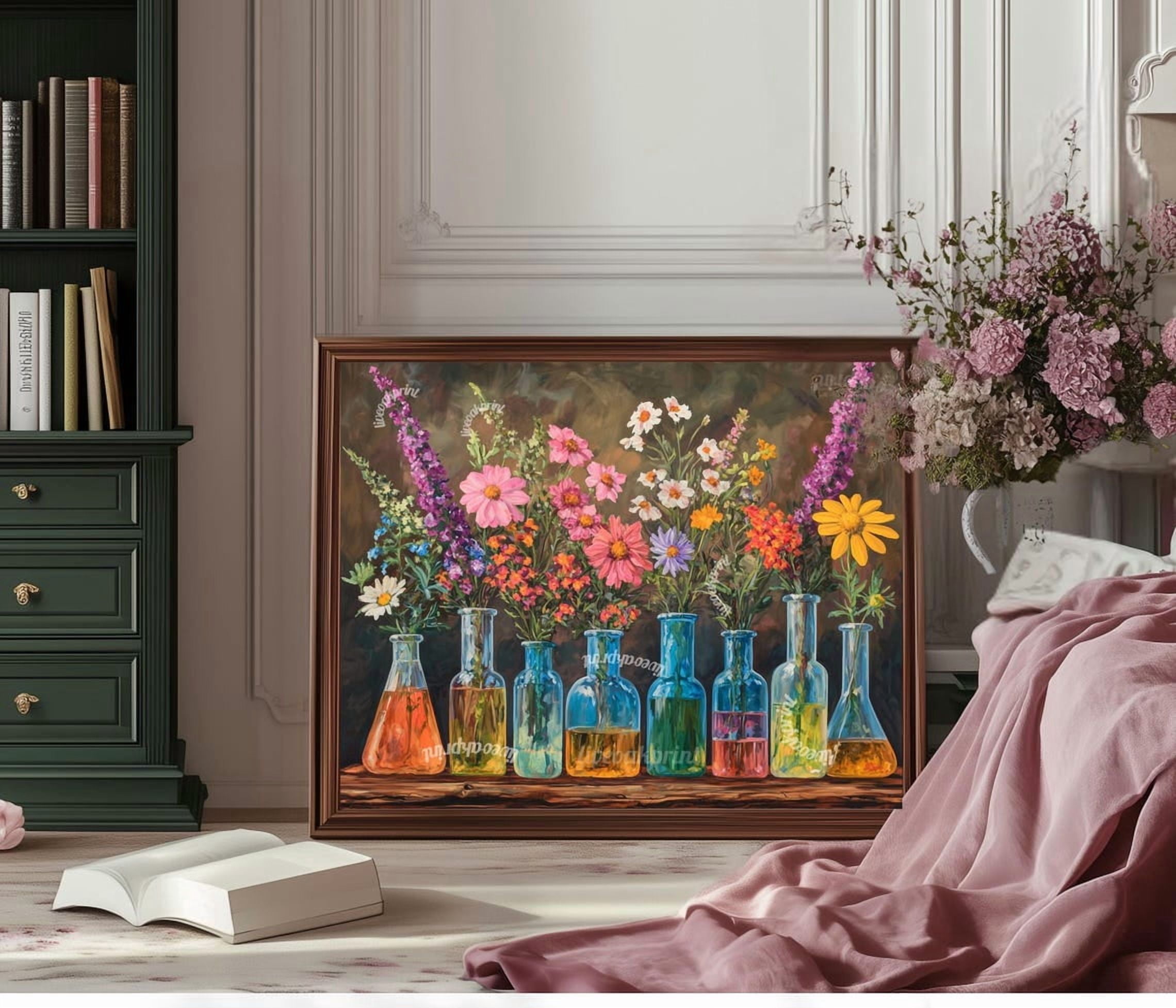 Flasks Wall Art Print, Test Tubes And Wildflowers, Science, Botanical ...