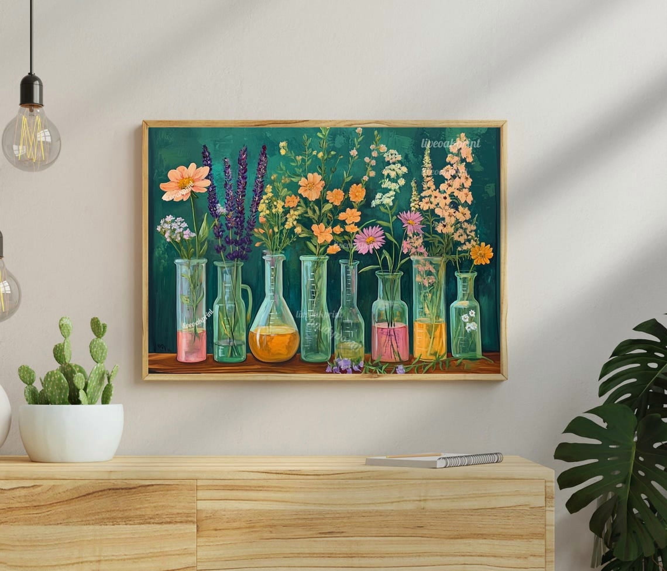 Flasks Wall Art Print, Test Tubes And Wildflowers, Science, Botanical ...