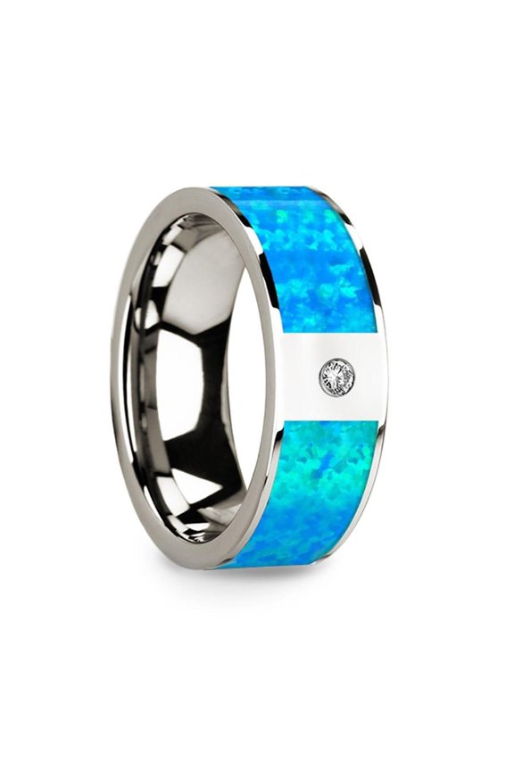 Flat 14k White Gold with Blue Opal Inlay & White Diamond Setting - 8mm