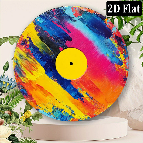 Flat - 1pc Vintage Vinyl Record Design, 8x8 Inch Round Metal Sign with Colorful Painted Disc Theme, Ideal for Home, , Bar, and Party Decor, Perfect Gift for Music Lovers.