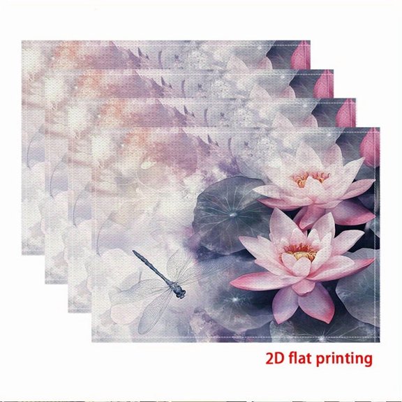 Flat 2D Printed Placemats,Available in Sets of 4,, Featuring a Design of Lotus And Dragonflies, for Dining Table, Kitchen, Party, Indoor, Holiday, Dinner Parties And Home Decor(Table Mats)12X18 Inch