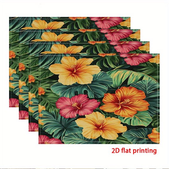 Flat 2D Printed Placemats Available in Sets of4, Featuring a Tropical Hibiscus And Taro Leaf Design, Perfect for Decorating Kitchen Tables And Creating a Festive Ambiance
