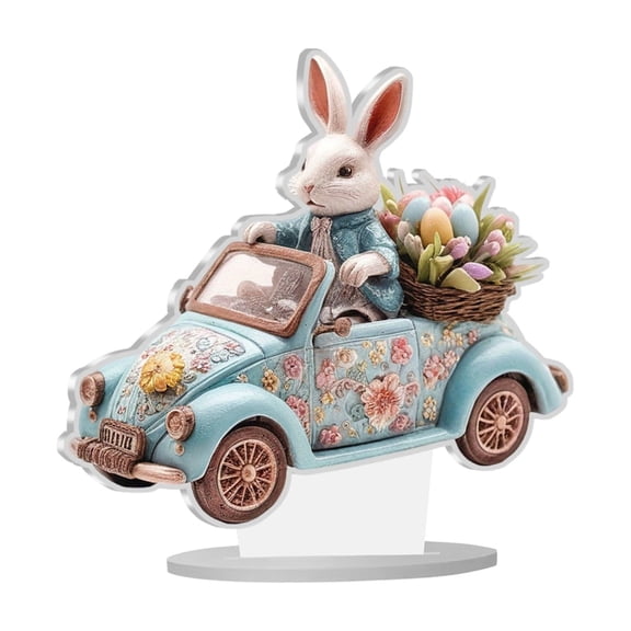 Flat Acrylic Easter Bunny Egg Scene Tabletop Piece, Featuring Pastel Floral Vehicle with Egg Basket, Easter decorations for Home, Spring Party decorations, Centerpiece Table