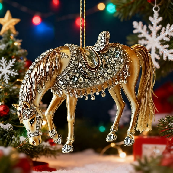 Flat Acrylic Horse Christmas Ornaments Farm Animal Hanging Ornament Cute Animal with Rheinstone Saddle, Xmas Tree Home Indoor Decor, Horse Enthusiasts Gift