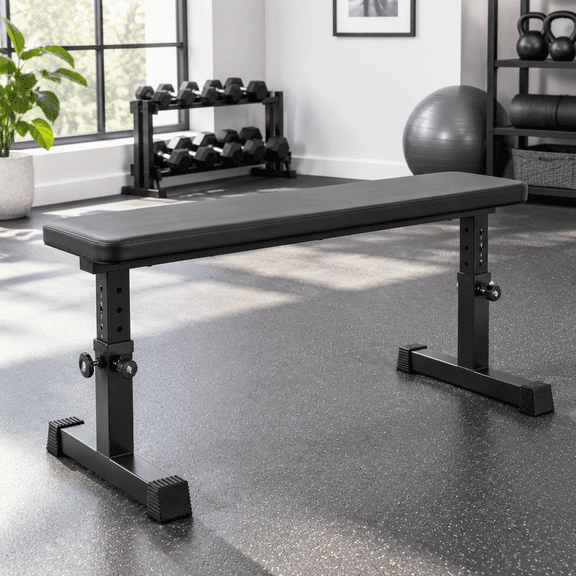 Flat Adjustable Height Weight Bench with Thick Cushion and Anti-Slip Foot Pads