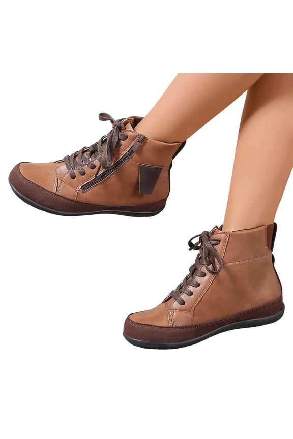 Flat Ankle Boots for Women Retro Splice Leather Waterproof Lace up Zipper High Top Anti Slip Winter Booties