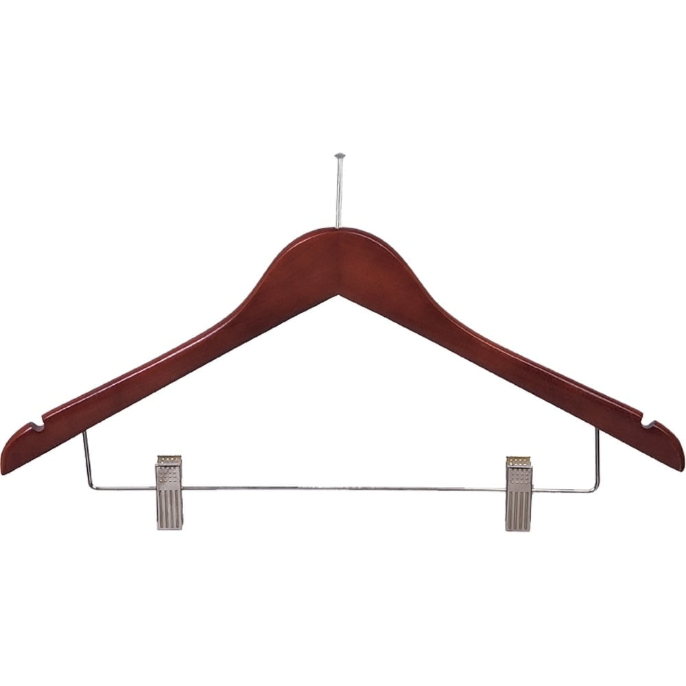 Flat Anti-Theft Clothes Hanger with P-Nail, Security Hangers for Retail and Hospitality Walnut w/ Chrome Clips Box of 100