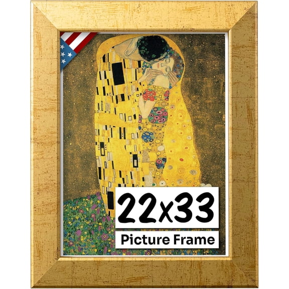 Flat Antique Gold 22x33 Picture Frame - Handmade American Flat 1" Wide Engineered Wood Frame for Wall Dcor with Preinstalled Hangers and UV Blocking Plexiglass, 22x33 Frame