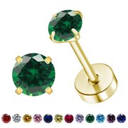 XUEYANG Flat Back Birthstone Stud Earrings for Women Girls, 3mm Tiny CZ Flat Back Stud Earrings, Screw Back Tiny Earrings Studs, Cartilage/Tragus/Second Hole Earrings (Gold, 5.May-Emerald)