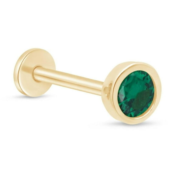 Flat Back Earring in 14K Yellow Gold Internally Threaded Hypoallergenic SINGLE Stud for Women Round Emerald Gemstone Jewelry for Lobe Helix Conch Tragus Cartilage Piercing