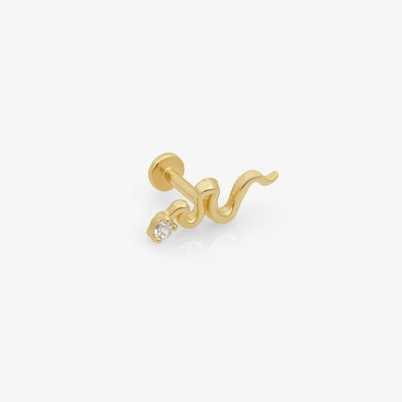 Flat Back Earring for Men Women 14K Solid Gold Snake Design Cartilage Earring Threaded Tragus Helix Piercing Jewelry Single Stud Earring for Upper Ear