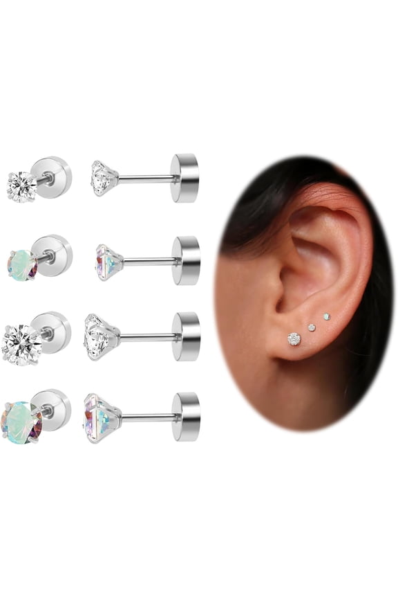 Flat Back Earrings Small Screw Back Earrings for Women, Titanium Nap Cubic Zirconia Earrings Stud Set, Helix Cartilage Tragus Piercing Jewelry