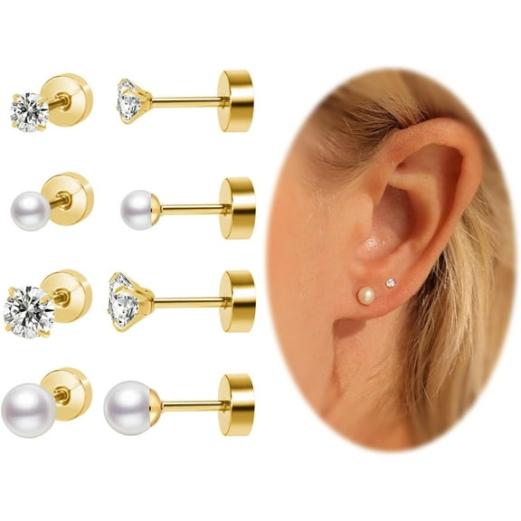 Flat Back Earrings Small Screw Back Earrings for Women, Titanium Nap Cubic Zirconia Earrings Stud Set, Helix Cartilage Tragus Piercing Jewelry