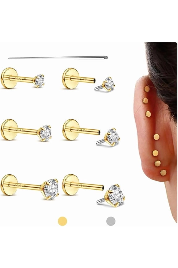 Flat Back Earrings Studs - 14K Gold Filled Internal Thread Stud 18G 16G Piercing Jewelry for Cartilage Helix Tragus Hypoallergenic Labret Lip Conch Nose Rings 316L Stainless Steel Stud for W...[n031]