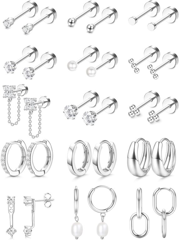 Flat Back Earrings for Women Hypoallergenic Surgical Steel Earrings for Sensitive Ears-20G Cartilage Earring Stacks 14K Gold Plated Hoops Flatback Stud Earring Sets for Multiple Piercing,Silver Tone