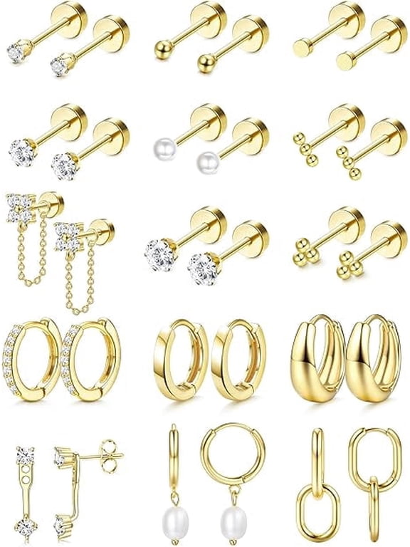 Flat Back Earrings for Women Hypoallergenic Surgical Steel Earrings for Sensitive Ears-20G Cartilage Earring Stacks 14K Gold Plated Hoops Flatback Stud Earring Sets for Multiple Piercing