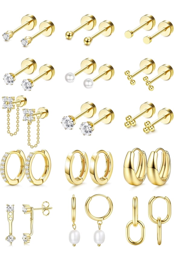 Flat Back Earrings for Women Hypoallergenic Surgical Steel Sensitive Ears-20G Cartilage Earring Stacks 14K Gold Plated Hoops Flatback Stud Sets Multiple Piercing -