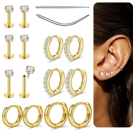 Flat Back Earrings for Women Men - 18G 20G Hypoallergenic Surgical Steel Nose Studs Hoops Rings Internal Thread CZ Studs for Cartilage Helix Conch Tragus Piercing Jewelry
