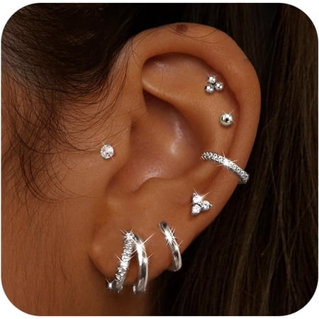 Flat Back Earrings for Women Silver and Gold, Gentle On Skin Surgical Steel Stud Hoop Cartilage Earrings Set for Multiple Piercing, Conch Helix Tragus Piercing Jewellery[e056]