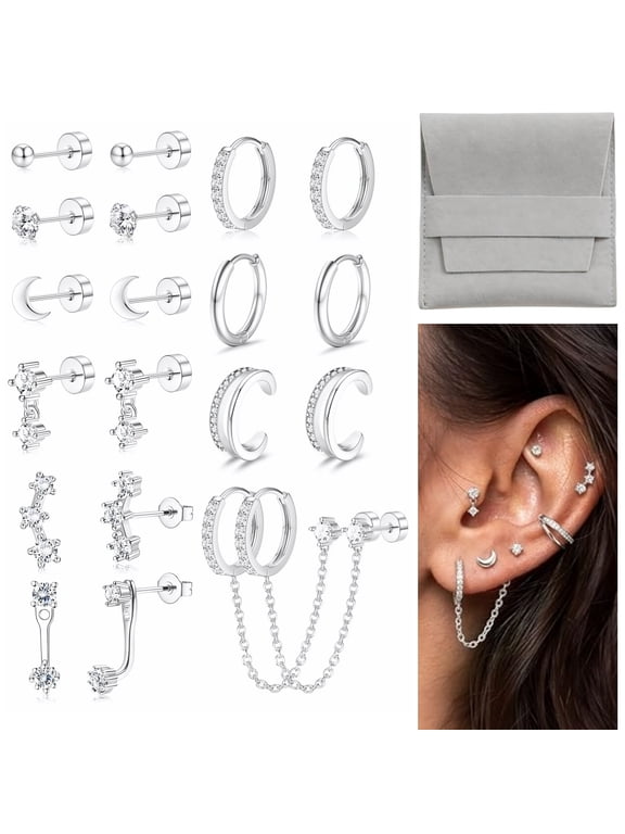 Flat Back Earrings for Women, 20pcs Hypoallergenic Stainless Steel Earring Stacks with Zirconia, Comfortable for Sleep Sports Cartilage